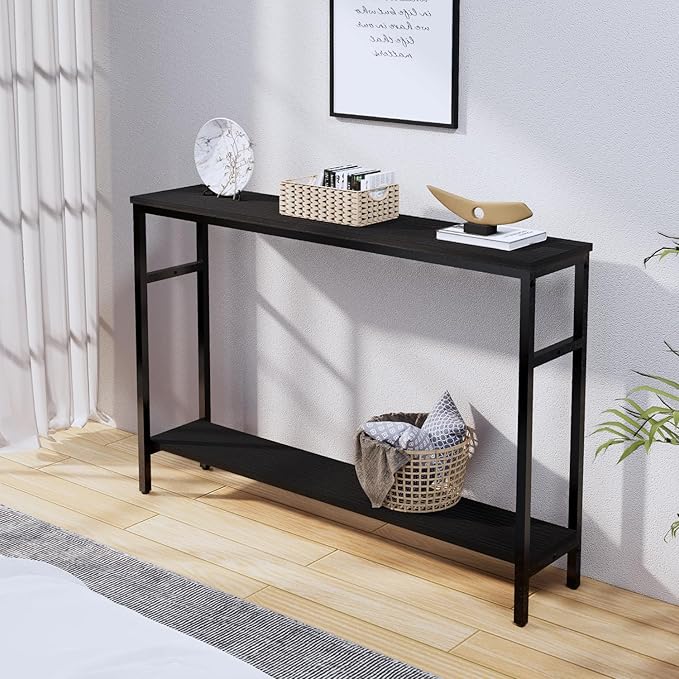Narrow Console Table, 47 Inch Sofa Table with Adjustable Shelf, 2-Tier Long Skinny Table for Hallway, Entryway, Living Room, Foyer, Black