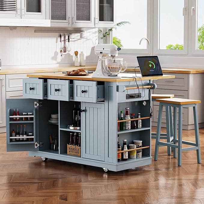 Large Kitchen Island Cart on 5 Wheels with Power Outlet, Drop Leaf, 3 Drawers, Kitchen Storage Cart with 5 Open Side Racks for Kitchen, Dining Room, Home Bar Grey Blue