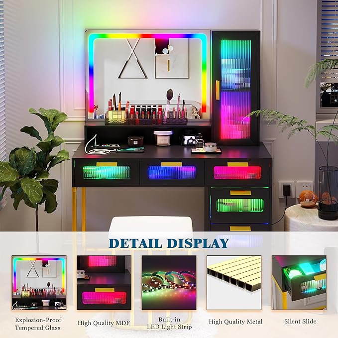 HNEBC RGB Vanity Desk with Mirror and Lights, LED Vanity Makeup Desk with USB/Wireless Charger Station, Vanities Dressing Table Sets with 6 Drawers/Cabins/Stool/Shelves for Bedroom&Cloakroom,Black