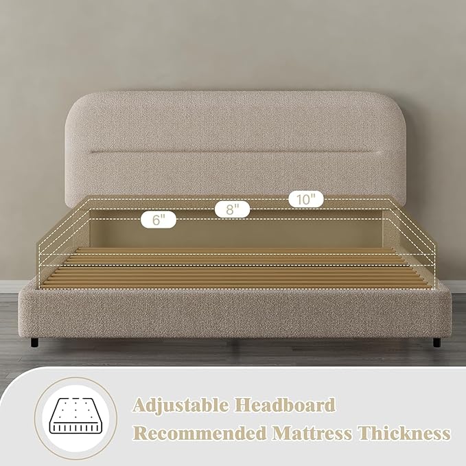 HOMBCK Queen Bed Frame, Boucle Upholstered Platform Bed Frame with Headboard, Soft Headboard with Rounded Corners Design, Wood Slats, No Box Spring Required, Easy Assembly, Beige