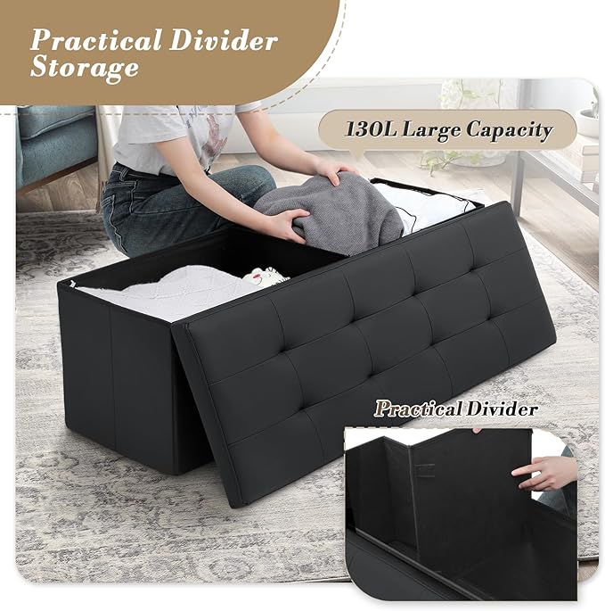 Athena Collection Leather Ottoman Bench with Storage, 43 Inches Large End of Bed Storage Ottoman Bench, 130L Load 220 Lbs Foot Rest for Bedroom, Living Room, Entyway, Black