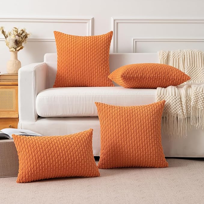 Kevin Textile Fall Pack of 2 Corduroy Decorative Throw Pillow Covers 16x16 Inch Soft Boho Striped Pillow Covers Modern Farmhouse Home Decor for Spring Sofa Living Room Couch Bed Orange