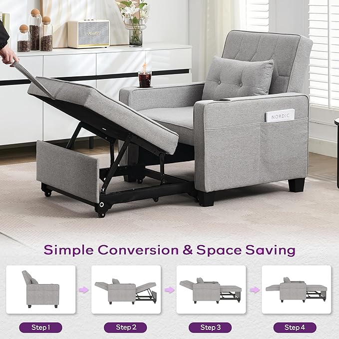 TYBOATLE Convertible Sleeper Chair Bed for Adults, 3-in-1 Pull Out Sofa Chair Bed with USB/Type-C Ports, Cup Holders, Side Pockets, Single Sofa for Living Room, Bedroom, Small Space (Grey)