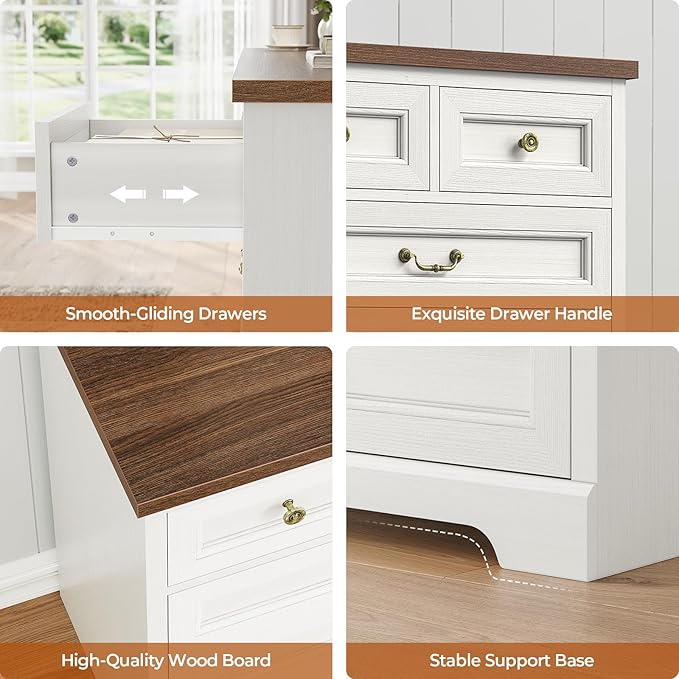 DICTAC 10 Drawers Dresser for Bedroom,55" Wide Farmhouse Dresser with Natural Texture and Vintage Metal Handles, Rustic Wood Chest of Drawers for Bedroom, Living Room, Hallway,White