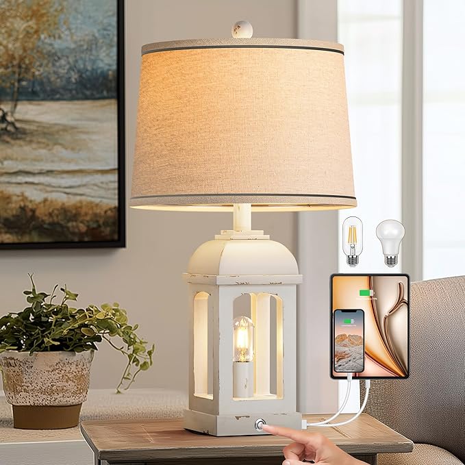 QiMH Table Lamp for Living Room, Farmhouse Lamps with USB A+C and Nightlight, 26" Rustic Bedside Lamps with 3-Way Dimmable Touch Control, Nightstand Lamp for Bedroom, Shabby White, 1 Pack