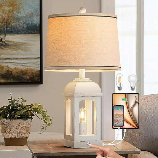 QiMH Table Lamp for Living Room, Farmhouse Lamps with USB A+C and Nightlight, 26" Rustic Bedside Lamps with 3-Way Dimmable Touch Control, Nightstand Lamp for Bedroom, Shabby White, 1 Pack
