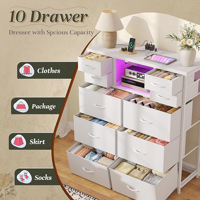 White Dresser for Bedroom with Charging Station and LED and 10 Fabric Drawers, Sturdy Tall Chest of Drawers with 2 Open Storage Shelves Storage Tower for Closet, Hallway