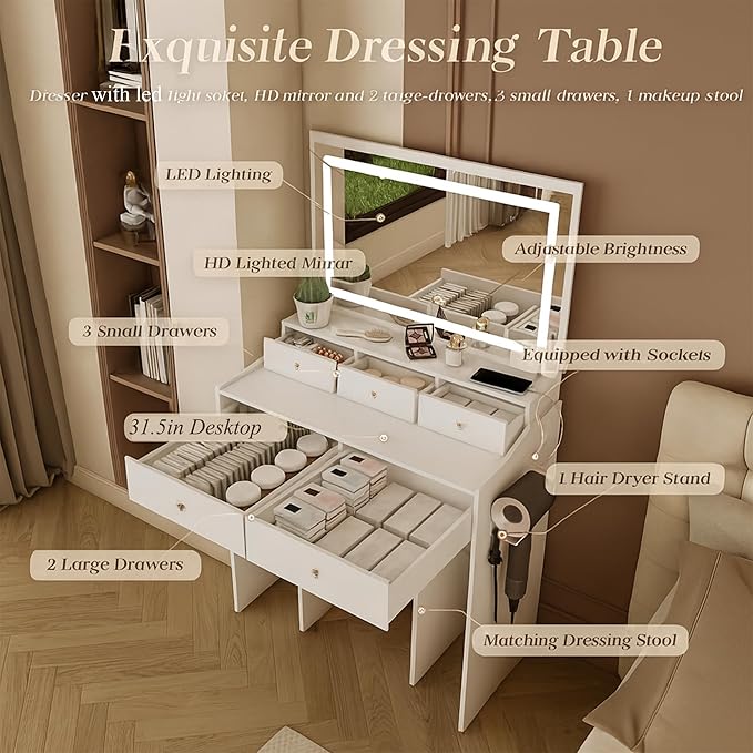 White Vanity Desk with Large Full Size Led Lighted Mirror, 31" Makeup Vanity Table with 5 Storage Drawers, Power Outlet & Hair Dryer Holder, Modern Small Dressing Table for Small Space,Dorm, Bedroom