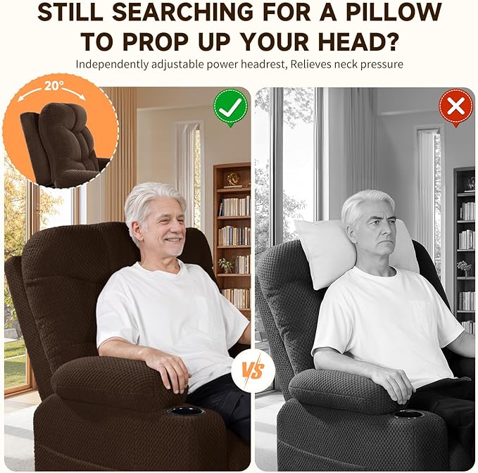 Triple Motor Large-Wide Power Lift Recliner Chair with Power Headrest for Big and Tall Elderly, Infinite Position, Massage Heat, Extend Footrest, USB, Cup Holder, Plush Flannel, Dark Brown