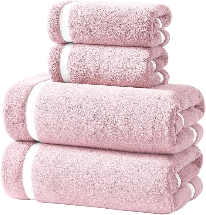 REDKISS 4-Piece Bath Towel Set - 2 Hand Towels, 2 Bath Towels | Super Absorbent, No Lint & No Fading,Ultra-Fiber Coral Fleece | Perfect for Bathroom, Spa, Gym | Family & Adults-Pink