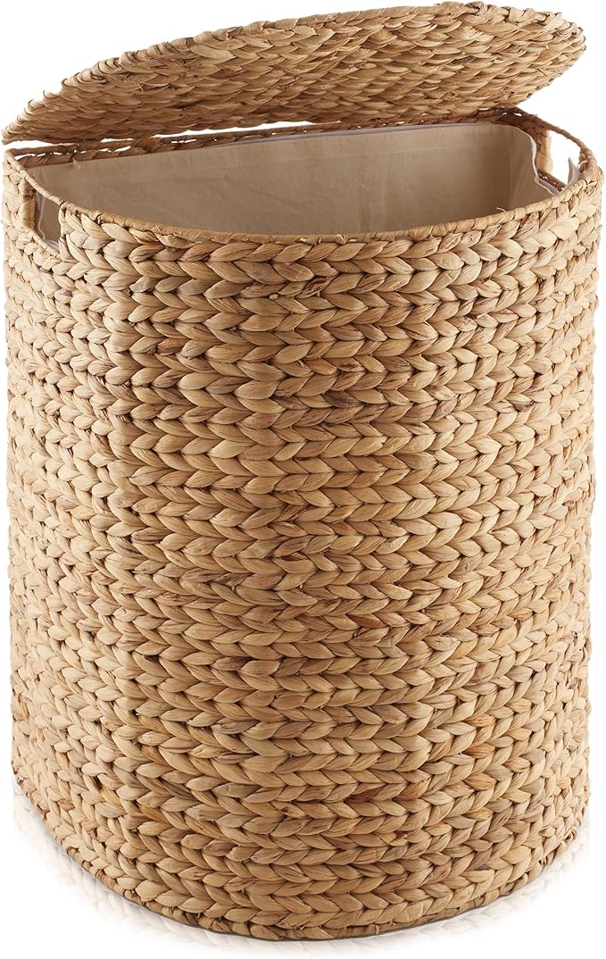Casafield Half Moon Laundry Hamper with Lid and Removable Liner Bag - Natural, Woven Water Hyacinth Laundry Basket for Clothes and Towels