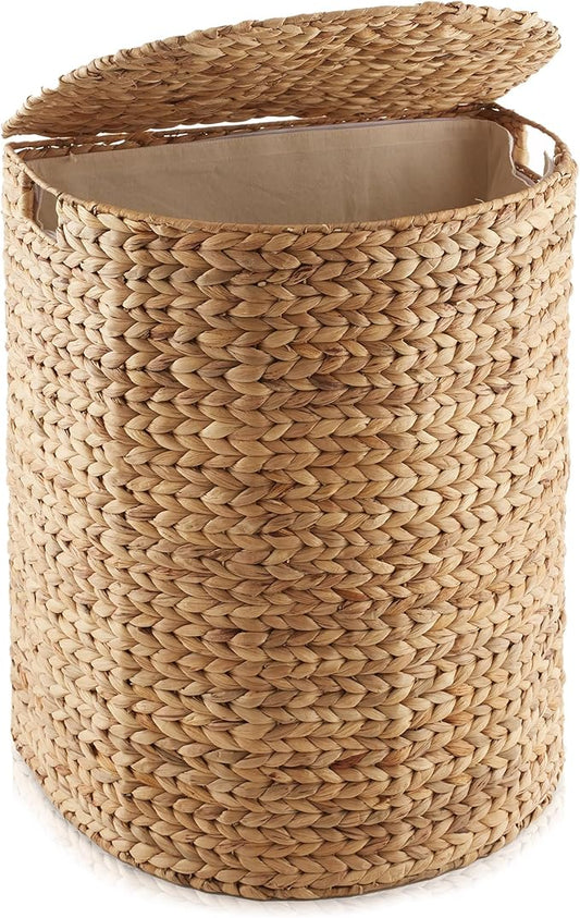 Casafield Half Moon Laundry Hamper with Lid and Removable Liner Bag - Natural, Woven Water Hyacinth Laundry Basket for Clothes and Towels