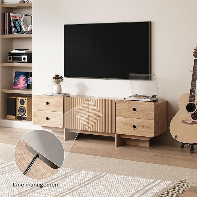 66" Fluted TV Stand, Boho TV Consoles for Living Room, Modern Entertainment Center with Storage, Media Console Cabinet for 75 inch TV(Oak)