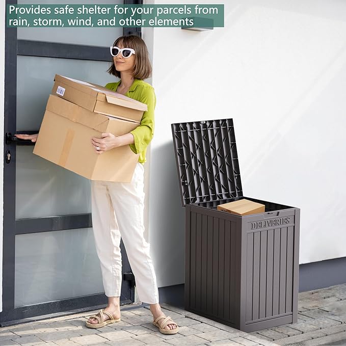 55 Gallon Coffee Resin Deck Box - Lockable, Rust-Resistant Outdoor Storage for Gardens & Patios - Waterproof Bench-Style Box with Handles