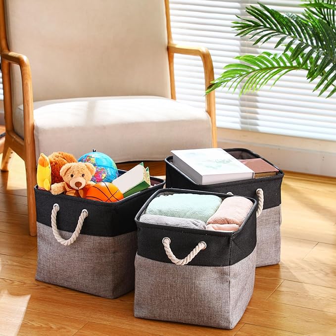 meekoo 8 Pack Collapsible Storage Bins Fabric Storage Bins Polyester Fabric Baskets with Handles Linen Closet Organizer for Shelf Home Closet Towels Toys(12 x 12 x 12in,Black Gray)