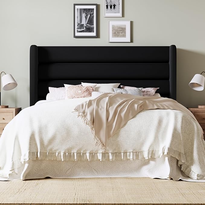 Allewie Full Size Platform Bed Frame with Velvet Upholstered Wingback Headboard, No Box Spring Needed, Under Bed Storage Space, Strong Wooden Slats, Modern Mattress Foundation, Easy Assembly, Black