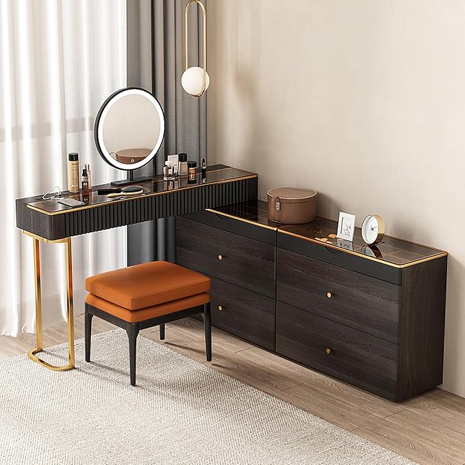Lartis Makeup Vanity with Stool, Very Easy to Assemble,Retractable TV Cabinet Combination, Dressing Table Desk in one, Super Storage