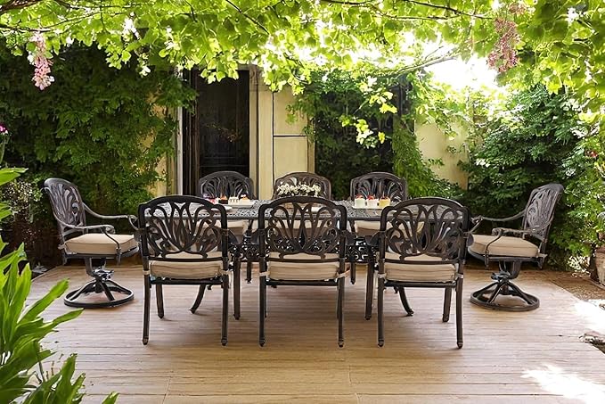 9 Piece Outdoor Dining Set Cast Aluminum, Retro Patio Dining Furniture Set for 8 Includes 86.6’’ Rectangular Table 2 Swivel Chairs with Thicker Cushion and Umbrella Hole for Patio Deck Garden
