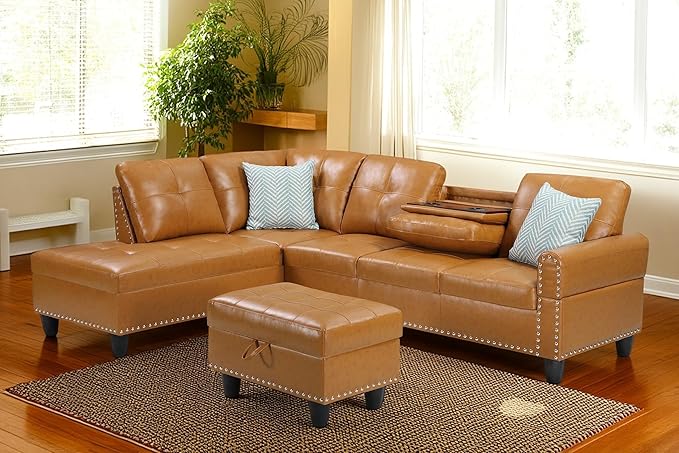 98 Inch L Shaped Sectional Sofa with Chaise Lounge, Storage Ottoman and 2 Pillows, 4-Seaters Faux Leather Upholstered Tufted Couch w/Cupholder & Nailhead Trim for Living Room, Office, Ginger