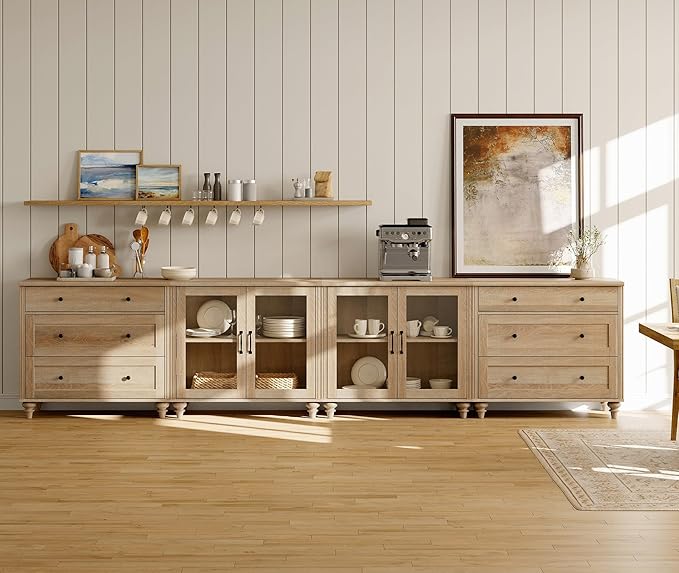 WAMPAT Modern TV Stand for TVs up to 110 inch, 4 in 1 Entertainment Center with Storage Cabinets and 4 Glass Door, Media Console with 6 Drawer Dresser for Living Room, Oak