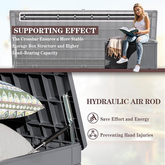 Greesum 100 Gallon Resin Deck Box Large Outdoor Storage Boxes with Cushions for Garden Tools, Patio Furniture Pillows, Pool Supplies, Gray