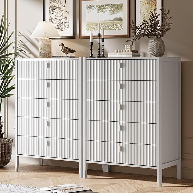 White 5 Drawer Dresser, Fluted Wood Chest of Drawers for Bedroom, Modern Dresser with Deep Drawers for Clothes, 32 Inch Tall Nightstand for Bedroom, Living Rooms, Offices, and Entryways