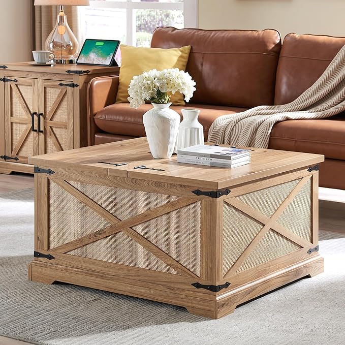 Farmhouse Square Coffee Table with Storage, Wood Center Table with Hinged Lift Top, Rustic Cocktail Table with Large Hidden Storage Compartment for Living Room, Bedroom,Natural,Rattan