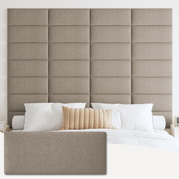 IFNOW Upholstered Wall Mounted Headboard, 3D Soundproof Wall Panels Peel and Stick for King Size, Reusable and Removable Tufted Bed Headboard in Linen (12 Panels, 10" x 24")