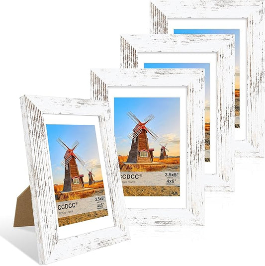 4x6 Picture Frame Set of 4, 4 x 6 Wood Photo Frames with Mat for 3.5x5, Rustic Natural Wooden Frame with Real Glass Cover for Wall and Tabletop Display,Distressed White
