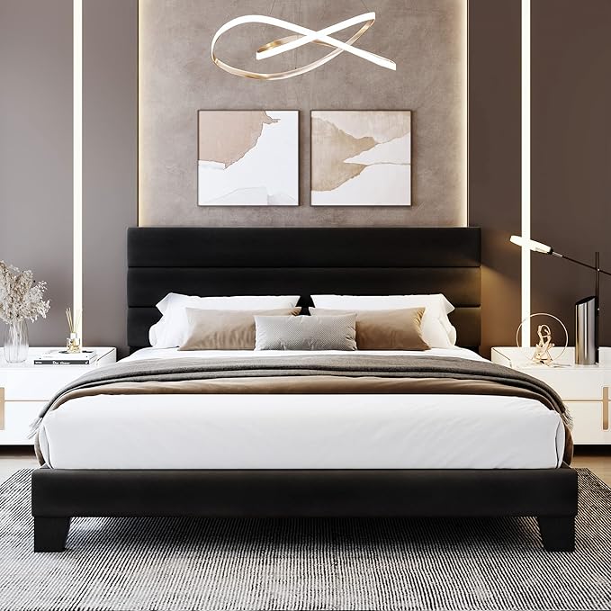 WEEWAY King Bed Frame Platform Bed with Velvet Upholstered Headboard and Wooden Slats Support, Heavy Duty Mattress Foundation, No Box Spring Needed, Easy Assembly, Black