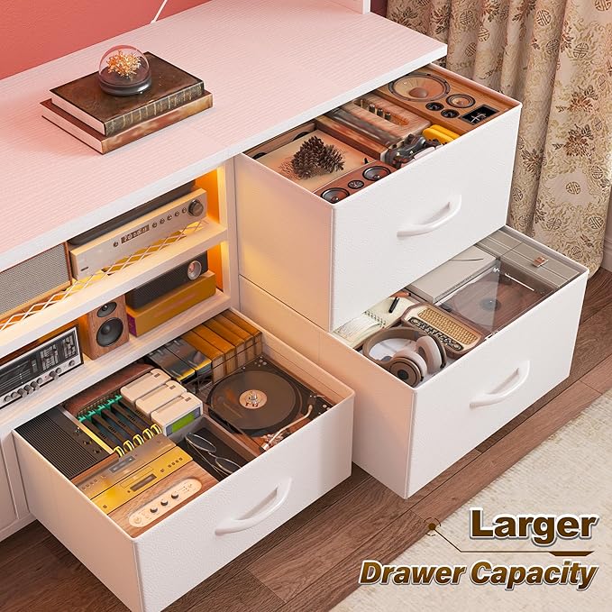 TV Stand for 55 60 inch TV, Large Wall Unit Entertainment Center with LED Lights & Power Outlets, TV Stands for Living Room, Closet, Entryway,13.8" D x 55" W x 61" H, White