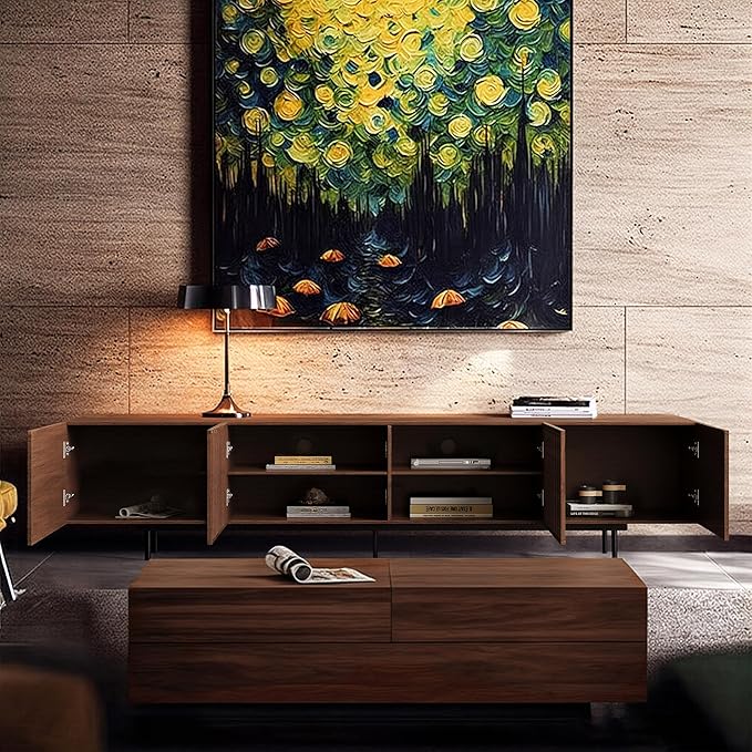 Mid Century Modern TV Stand with 4 Doors, 70.87 Inch Wide Entertainment Center TV Console for Living Room Bedroom, Media Console TV Cabinet with Storage Walnut