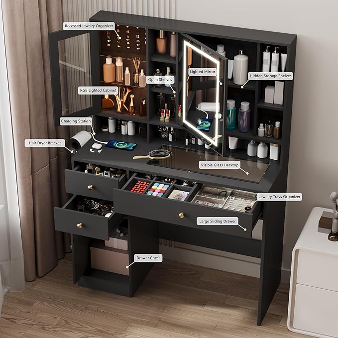 Makeup Vanity Desk with Mirror and Lights, Black Vanity with Glass Top, Jewelry Storage, Power Outlets, 3 Drawers & 2 Cabinets, Adjustable LED Lighting, Dressing Table for Women & Girls Bedroom