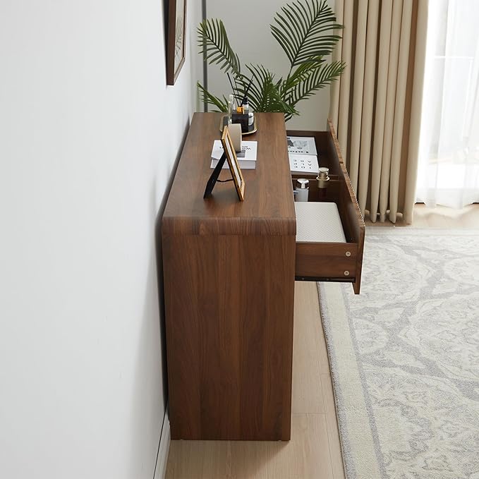 Fluted 6 Drawers Dresser for Bedroom, 53" Wide Mid Century Modern Chest of Drawers with Curved Profile Design, Large Wood Double Dresser for Living Room (Walnut)