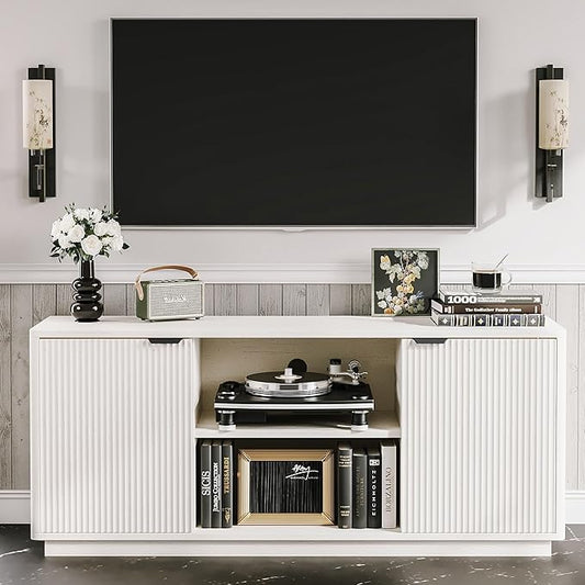 60'' Fluted TV Stand, Console Table, Mid Century Modern Curved TV Stands with Water Wave Shaped Door, Entertainment Center with Metal Handle, Living Room (Antique White Wood Grain)