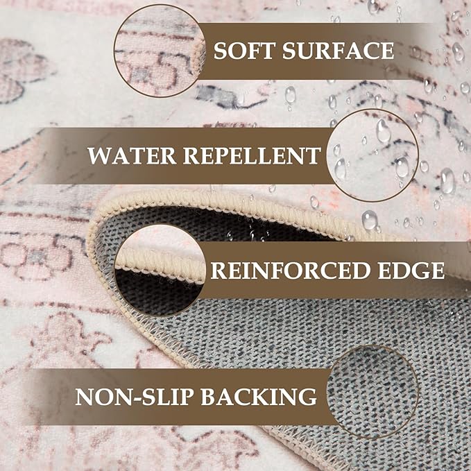 Area Rugs 2'x3' Washable Non-Slip, Floral Vintage Distress Print Pattern Medallion Carpet for Living Room Bedroom Dining Room, Pink Greypink Cute