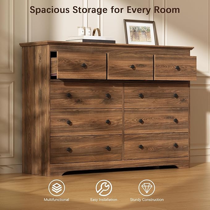 LYNSOM Modern 9 Drawer Dresser, 55.1" Wide Dressers & Chests of Drawers with Large Capacity Storage, Wood Mid Century Storage Dressers Organizer for Bedroom, Hallway, Brown