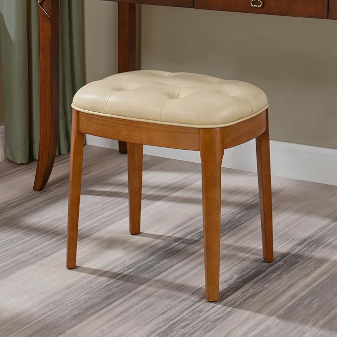 Solid Wood Button Tufted Vanity Stool, Ottoman Stool with Wood Legs & Padded Seat PU Leather Upholstered Piano Bench with Non-Slip Foot Pads Accent Chair for Bedroom Entryway, Beige