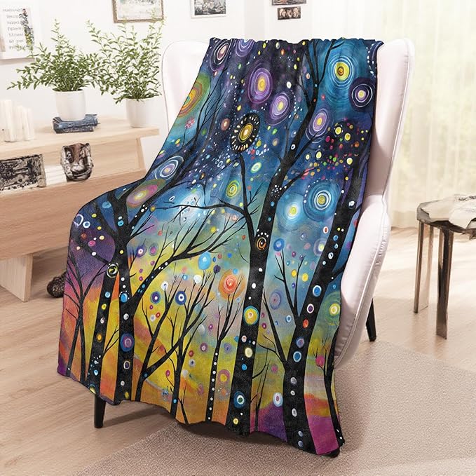 Abstract Starry Forest Blanket, Cozy Flannel Colorful Night Sky Throw Blanket for Couch Outdoor, Plush Soft Lightweight Travel Blankets for Bed Decor and Gifts, for Women Kids Adults 60"x80"