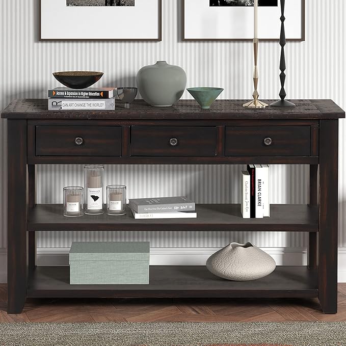 Knocbel Farmhouse Entryway Long Console Table with 3 Storage Drawers and Bottom Open Shelves, Entry Hallway Foyer Sofa Table with Handles, Distressed Black, 29.9" H x 48.8" W x 15.8" D (Black)