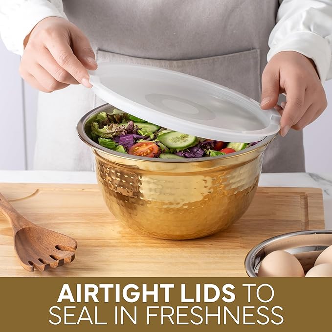 COOK WITH COLOR 18 Piece Mixing Bowls Set with Airtight Lids, Stainless Steel Bowl Organizers, Food Storage Containers, Meal Prep, Nesting Salad Bowls For Cooking, Baking, Kitchen, Gold - Hammered