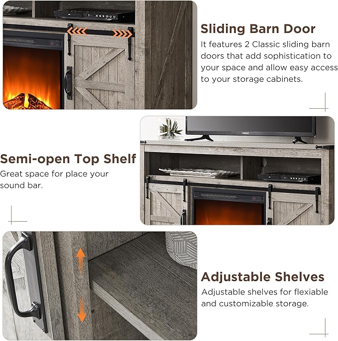 OKD Fireplace TV Stand for 65+ Inch TV, 33" Tall Highboy Farmhouse Entertainment Center w/ 23'' Electric Fireplace, Rustic Media Console w/Sliding Barn Door for Living Room, Light Rustic Oak