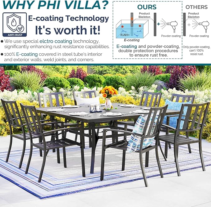 PHI VILLA 9 Pieces Outdoor Dining Table Set for 8, 60” Square Metal Dining Table & Stackable Dining Chairs, Large Dining Furniture Set for Patio, Deck, Yard, Porch