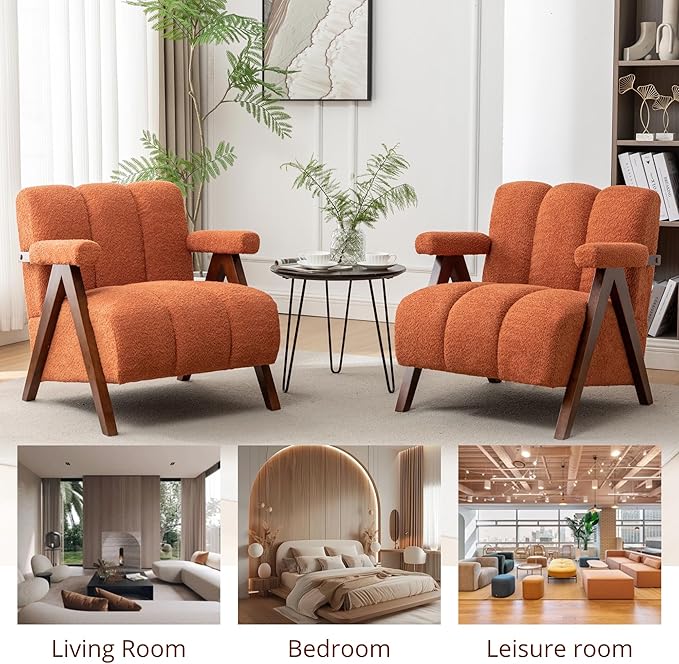 Mid Century Modern Accent Chair with Solid Wood Frame, Boucle Upholstered Living Room Chairs with Thick Cushion, Comfy Tufted Arm Chair for Bedroom, Orange