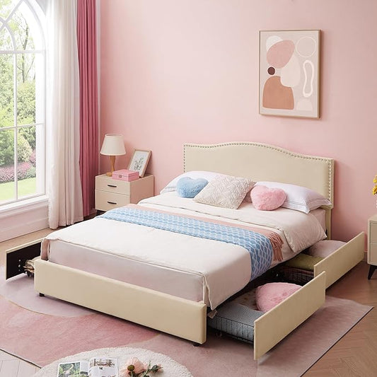 VECELO Queen Bed Frame, Platform Bed Frame with Underbed Storage Drawers and Adjustable Height Upholstered Headboard, Heavy-Duty Frame and Strong Wooden Slats Support, Noise-Free, Easy Assembly, Beige