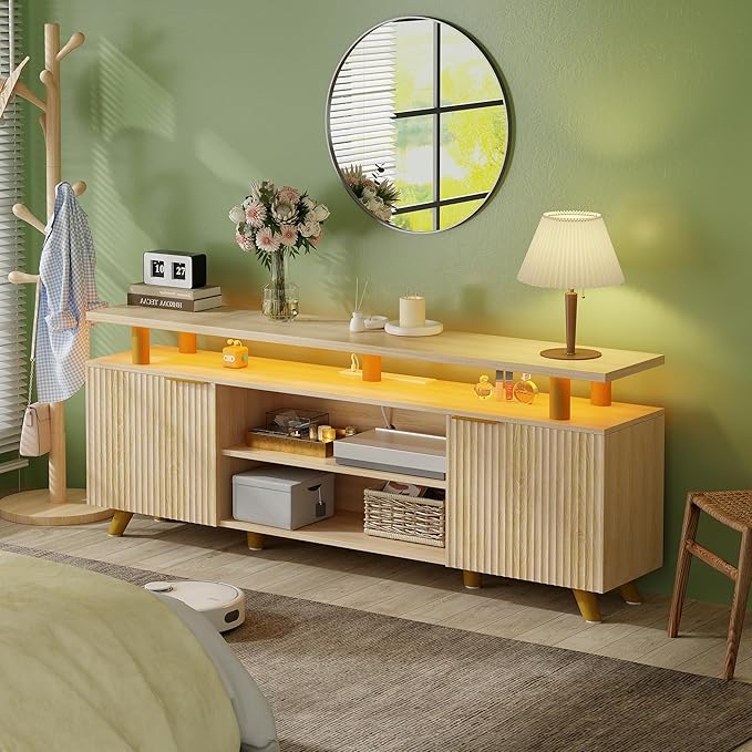 Lulive Modern TV Stand for 55/60/65/70 inch Television, Entertainment Center with Wooden Storage Cabinets and Power Outlet，Media Console for Living Room Bedroom (Natural Oak)