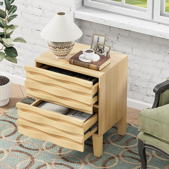 UEV Solid Wood Nightstand, 19.7" W Boho Style Nightstand with 2 Drawers, Fluted Wood Night Stand, Mid Century Modern Bed Side Table for Bedroom,Living Room, Ivory White