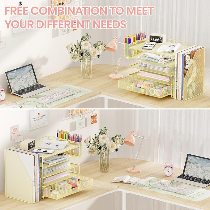 Desk Organizers and Accessories with File Holder, 5-Tier Office Desk Accessories & Workspace Desktop Organizer with Drawer and 2 Pen Holder, File Paper Organizer for Office Supplies(Gold)