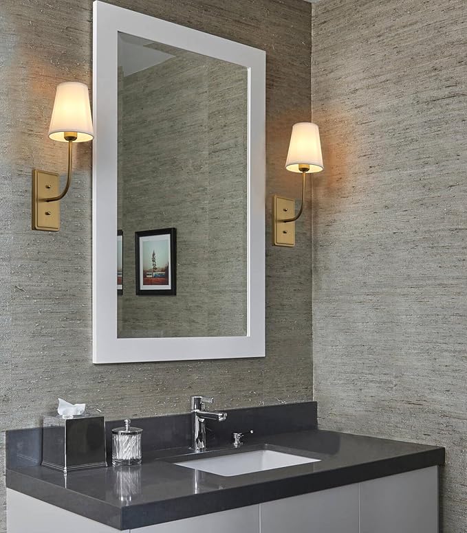 Farmhouse Brass Wall Sconce 1-Light, Linen Fabric Shade Wall Lamp Hardwired Indoor Wall Light for Bedroom Living Room Vanity Bathroom (White Cloth 2-Pack)