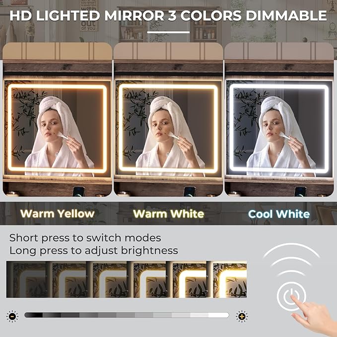 Makeup Vanity Desk with Lights, 47.2" Farmhouse Vanity Table with Sliding Mirror & Charging Station, Large Makeup Desk with 5 Drawers & 2 Cabinets, Rustic Oak